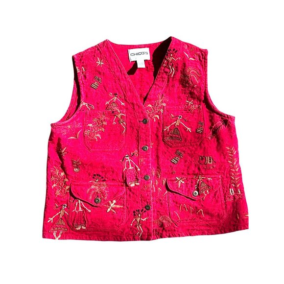 Chicos Design Red Embroidered Button Front Vest Boho Folk Art Sleeveless Jacket - Picture 9 of 9